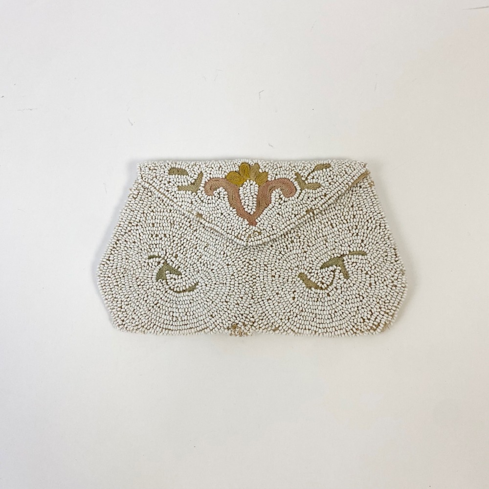Handmade in Belgium Vintage Beaded Floral Coin Purse Clutch Small White
